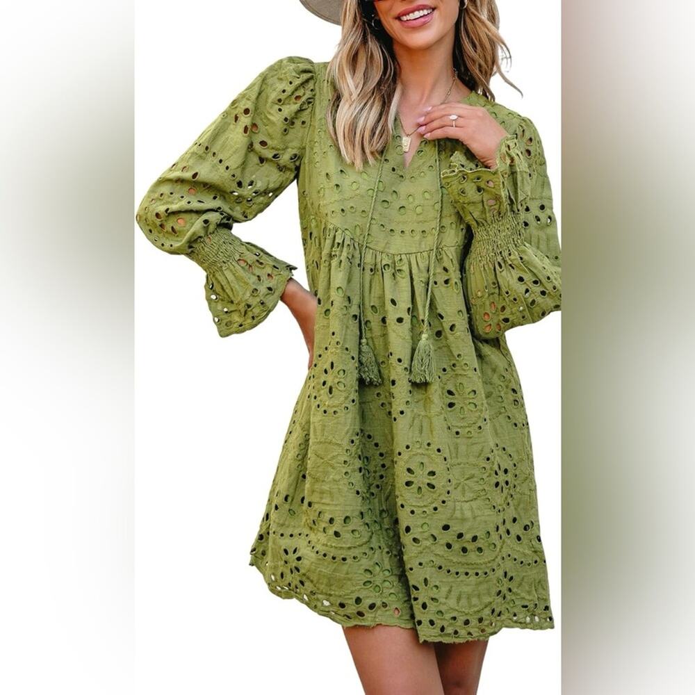 Olive Eyelet Boho Mini Dress - Brand